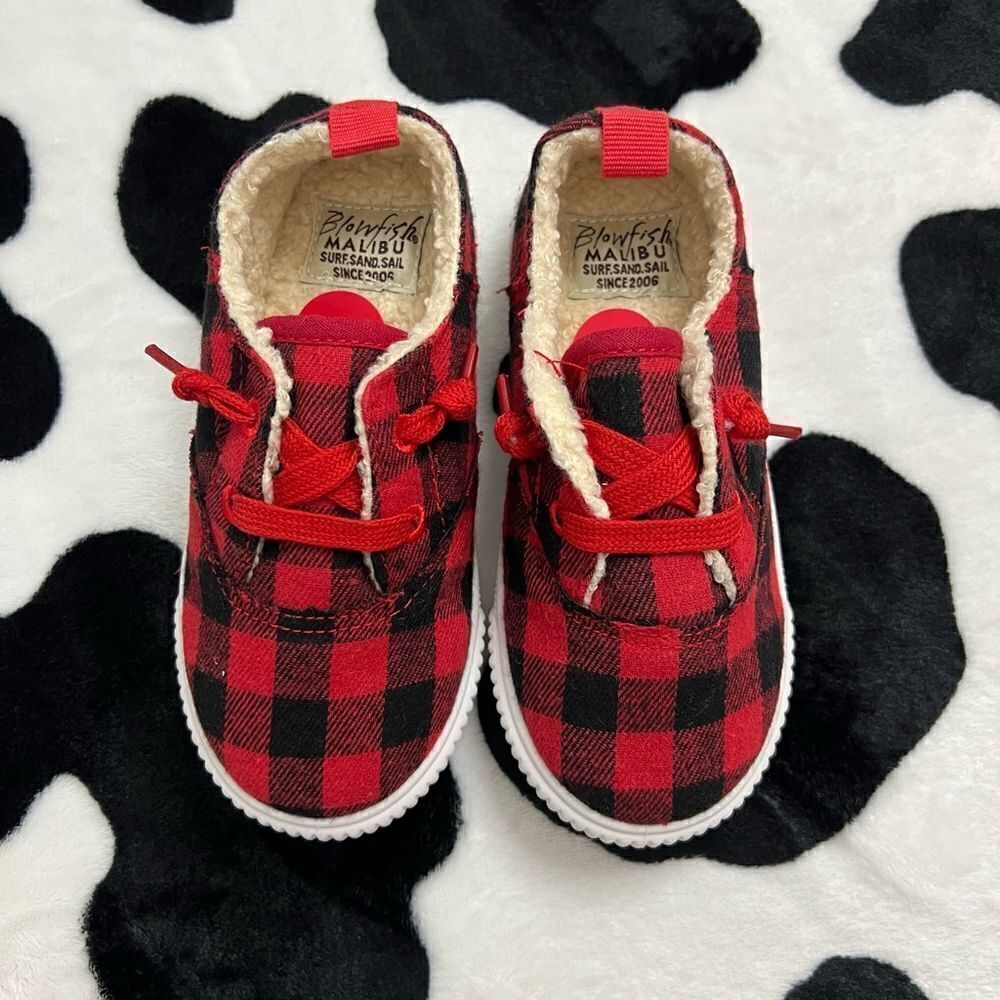 Malibu Blowfish Kids Red and Black Buffalo Check Print Sneakers - Picture 3 of 9